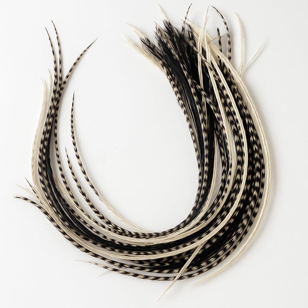 25 Feather Hair Extension Kit 7"-13" long – 100% Real Rooster Feathers – Long, Natural Strands by Sexy Sparkles (White,Black,Grizzly)