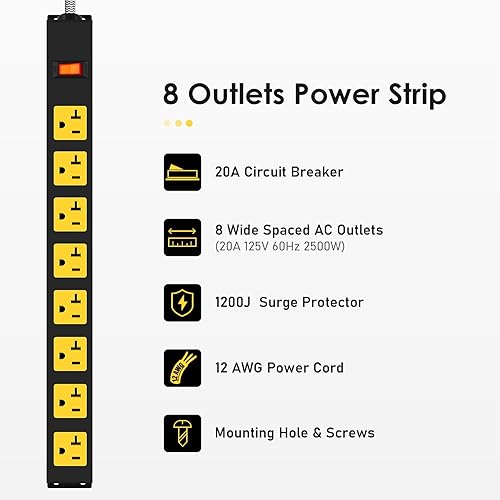 Miniatura 4 de Regleta protectora contra sobretensiones de 20 amperios, 8 salidas de metal largo con cable de extensión de calibre 12 de 20 amperios y 6 pies para
