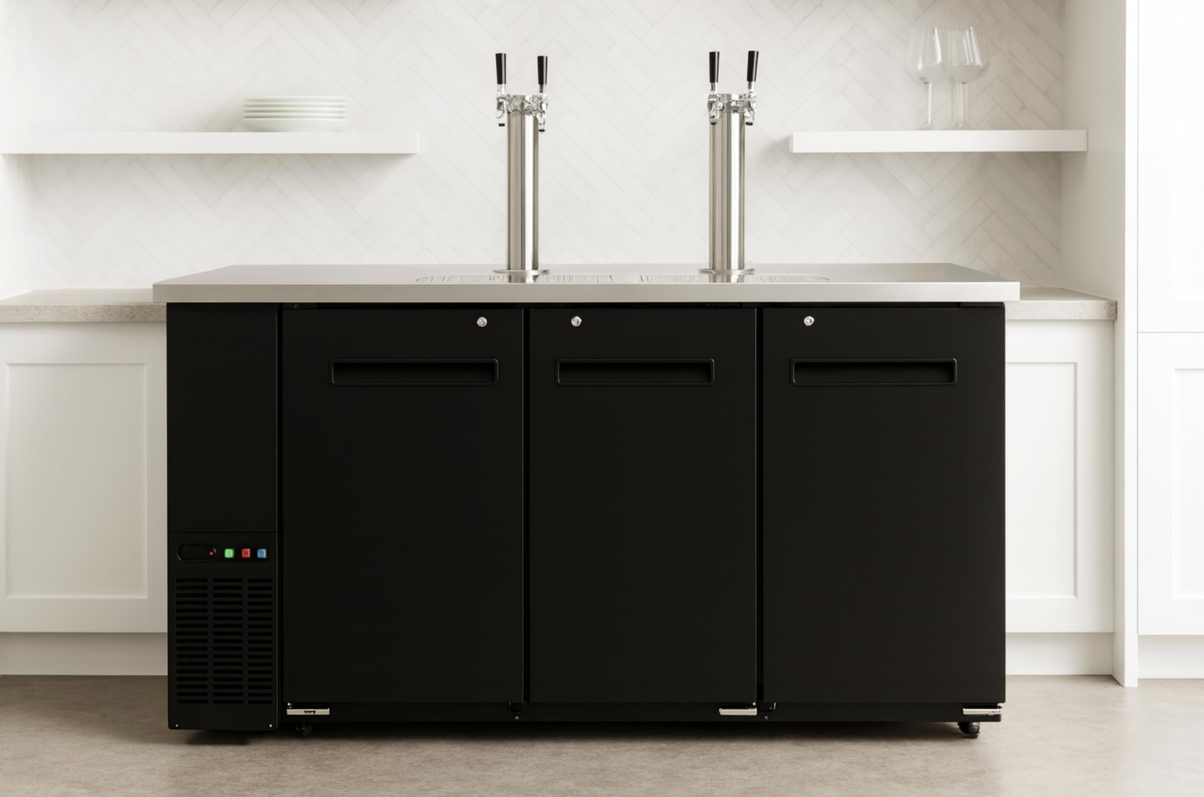 Double Tap Kegerator Beer Dispenser – Black, Fits (2 or 3) 1/2 Kegs, Dual Faucet Draft Beer Cooler with Adjustable Temperature and Locking Casters (Black, Width: 72")