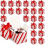 Sabary 25 Pcs Christmas Red Gift Boxes with Lids 4 x 4 x 4 Inches Candy Design Kraft Gift Boxes with Red Ribbons Small Present Box for Wedding Party Favor Birthday Graduation