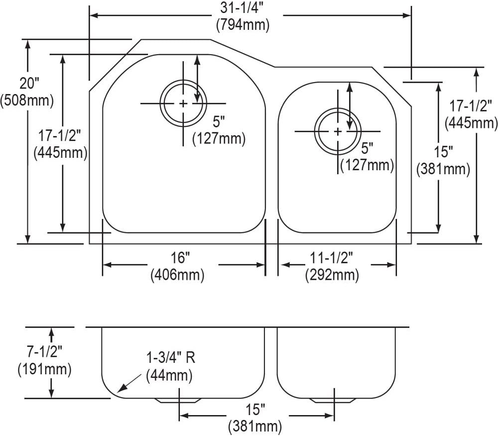 Lustertone 31" Stainless Steel Double Basin Undermount Kitchen Sink