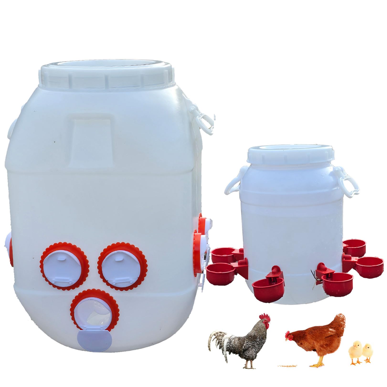 Mangiatoia per Galline 40-50Kg E Abbeveratoio per Galline 10L, Plastica Resistente Alimentatore con 10 Porte, Distributore Acqua con 8 Tazze per Pulcini Anatre Oche(Color:Bianco)