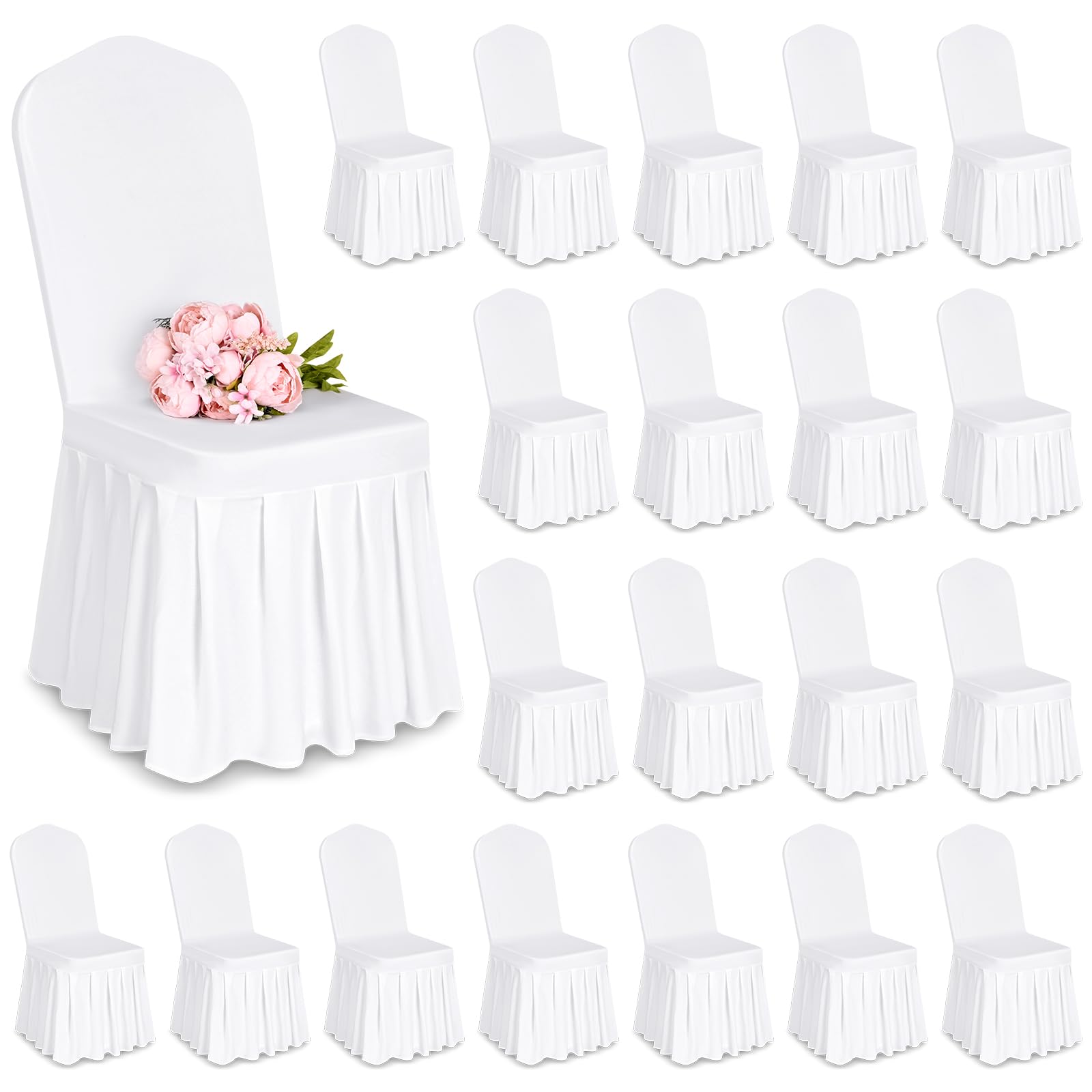 Showgeous 20 Stück Stuhlhussen Weiß Polyester Spandex Lycra Stretch Stuhlhussen mit Rock,Esszimmer Hochzeit Stuhlhussen Universelle Waschbare Stuhlhussen für Hochzeitsfeier Bankett Dekoration