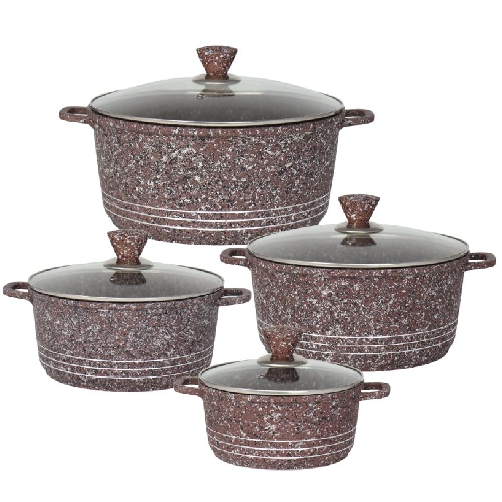 Die Cast Stockpot Set 4 Piece Non Stick Cooking Pot Casserole Set Aluminium Induction Stock Pot with Lids Tempered Glass 20cm 24cm 28cm 32cm Induction (Brown)
