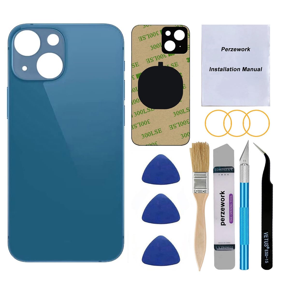 OEM Back Glass Replacement for iPhone 13 6.1 inch (Blue) All Carriers with Pre-Installed Adhesive and Professional Repair Tool Kits