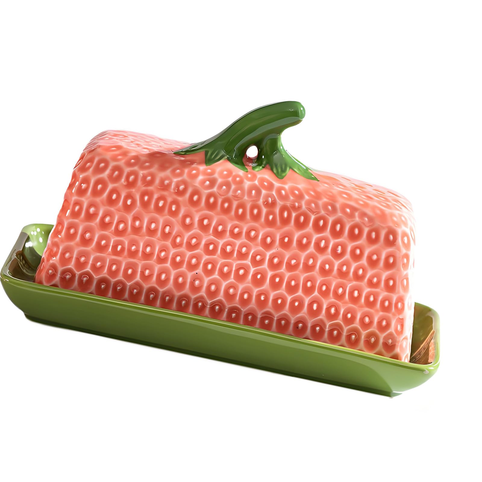 Contenedor de mantequilla con acento de de cerámica, textura de fruta elevada, forma de fresa brillante para estación de café, decoración de cocina de cerámica, contenedor de encimera de fresa,