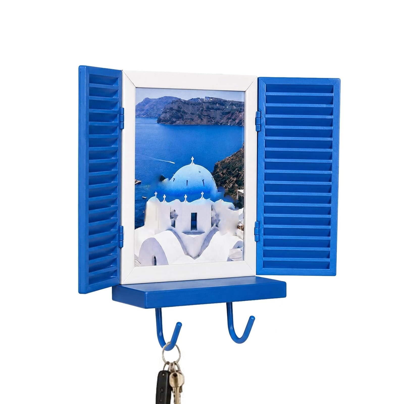 Mediterranean Window Photo & Key Holder, Wall Mounted Key Rack with 2 Rustic Key Hooks and Floating Shelf, Decorative Photo Frame for Travel Photos/Family Memories, for Hallway, Entryway (Blue)