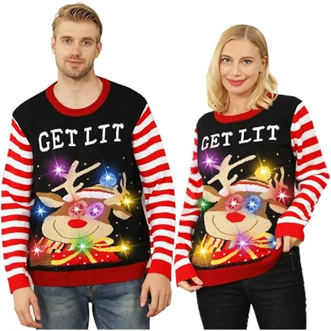Christmas Jumpers for Men Women-Light Up Ugly Christmas Sweater,Unisex Novelty Funny Christmas Jumper,Led Family Xmas Jumpers Sweatshirt with Striped Long Sleeve Reindeer for Couples Adult(ONE PIECE) Cover