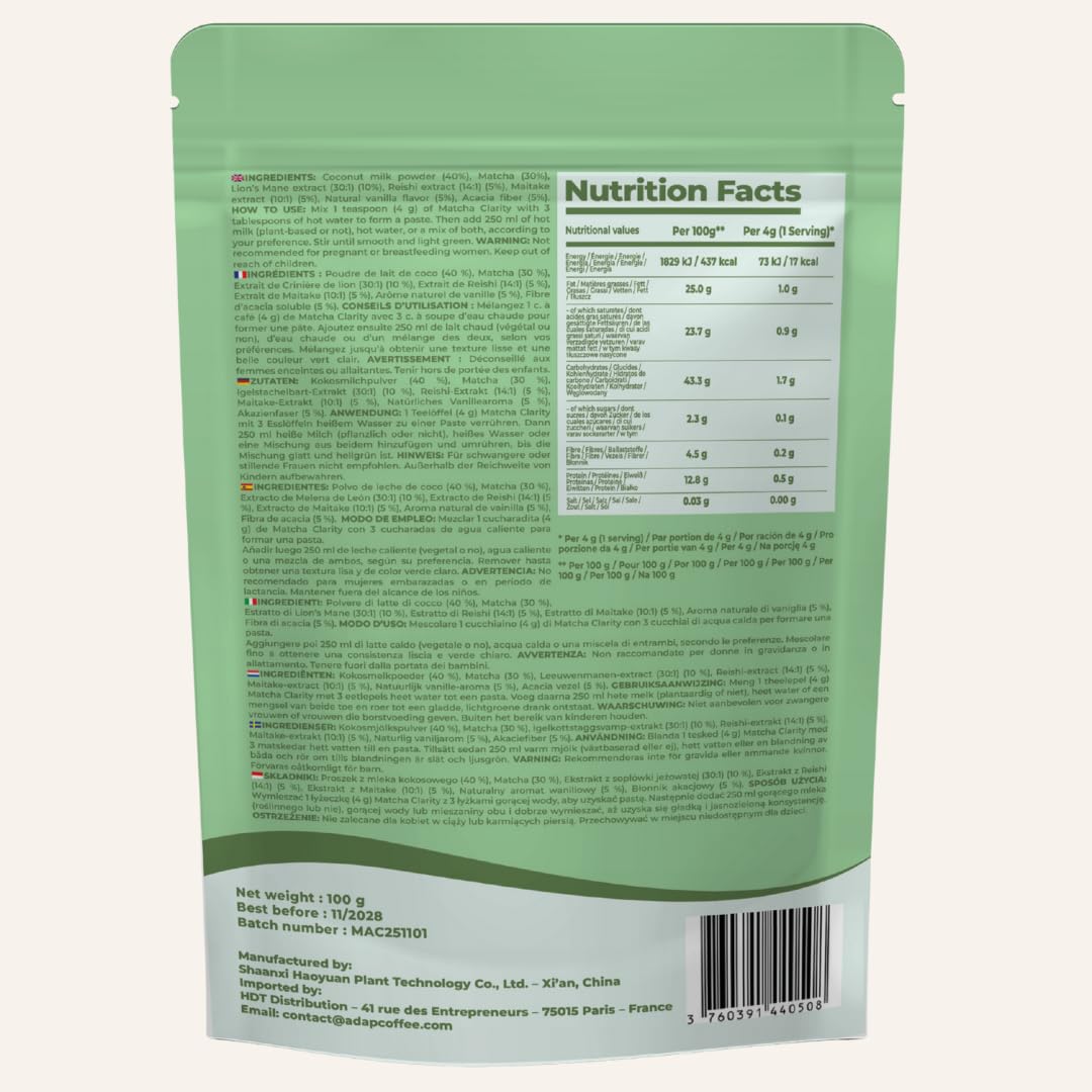 Matcha Clarity – Tè Matcha Cerimoniale con Funghi Adattogeni – Lion’s Mane, Reishi & Maitake – Energia Naturale & Concentrazione – Vegano, Senza Zuccheri Aggiunti – 25 Tazze (100 g)