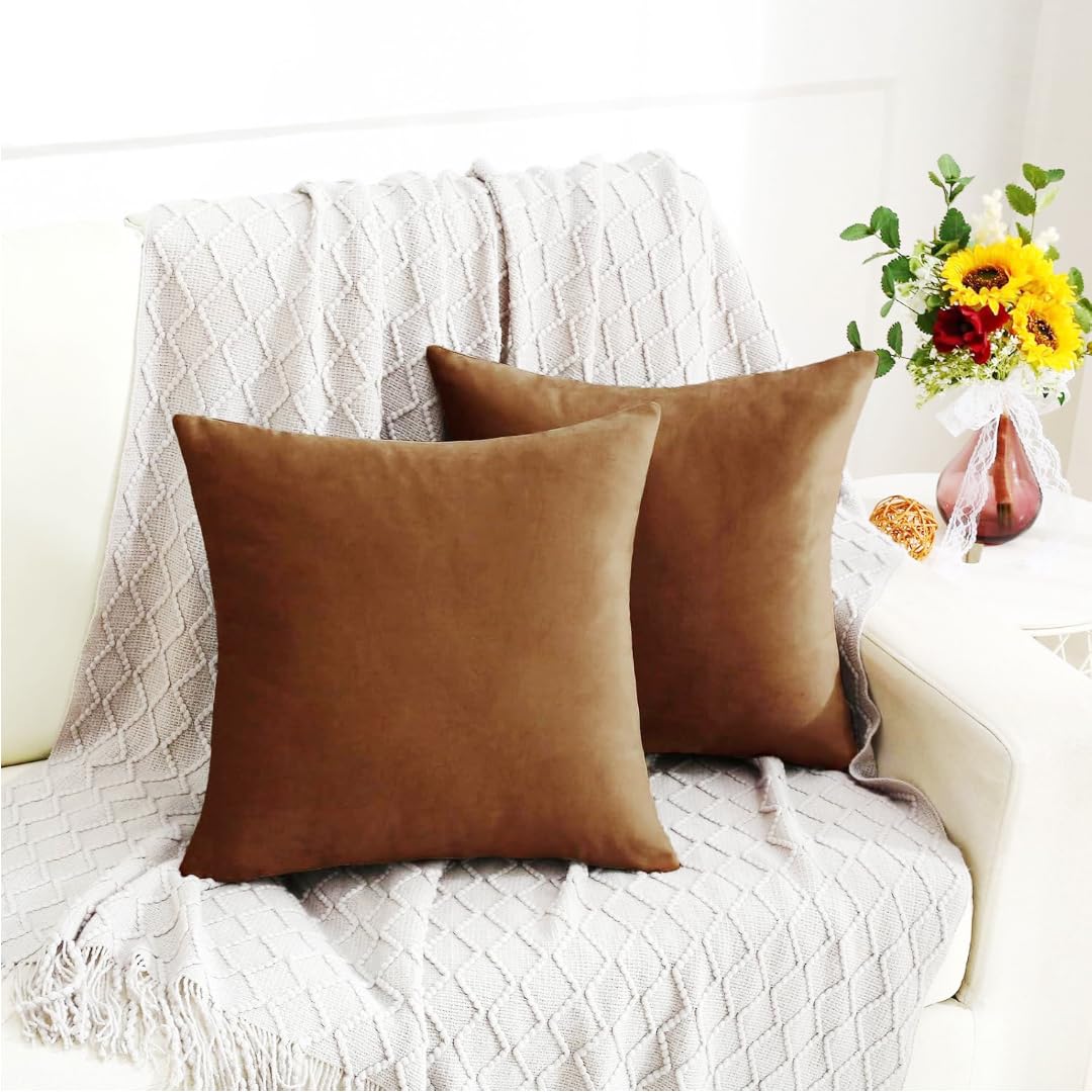 Amazon Brand - Umi Velvet Decorative Cushion Cover 16x16 Inch - Set of 2, Soft Solid Square Throw Pillow Covers for Sofa, Living Room or Home Decor - 40x40 cm in Brown Color