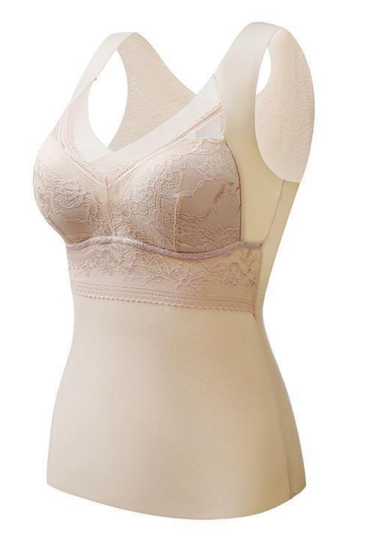 Samheng Women's Nude Thermal Underwear Tops, V Neck Fleece Lined Thermal Vest, 2-In-1 Built-In Bra Camisole Base Layer, Sleeveless Cami Lined Warm Base Tops, Seamless Warm Winter Basic Tank Top For