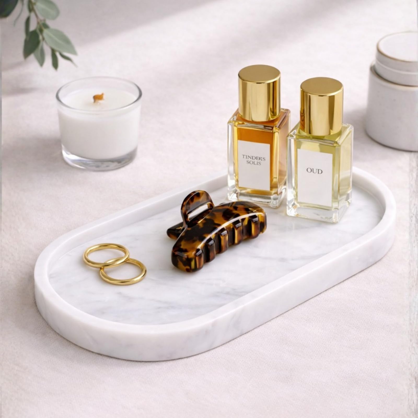 Présentoir de parfums et de bijoux en marbre blanc pour coiffeuse
