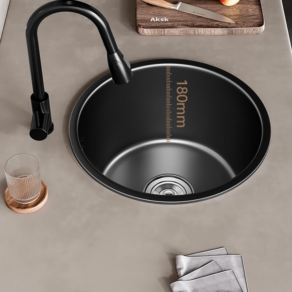 Black Round Bar Sink 12.5-inch Single Bowl Kitchen Sink Stainless Steel Kitchen Sink Topmount Drop-in Handmade Kitchen Sink Bar Sink Prep Sink (Size : 15.7")