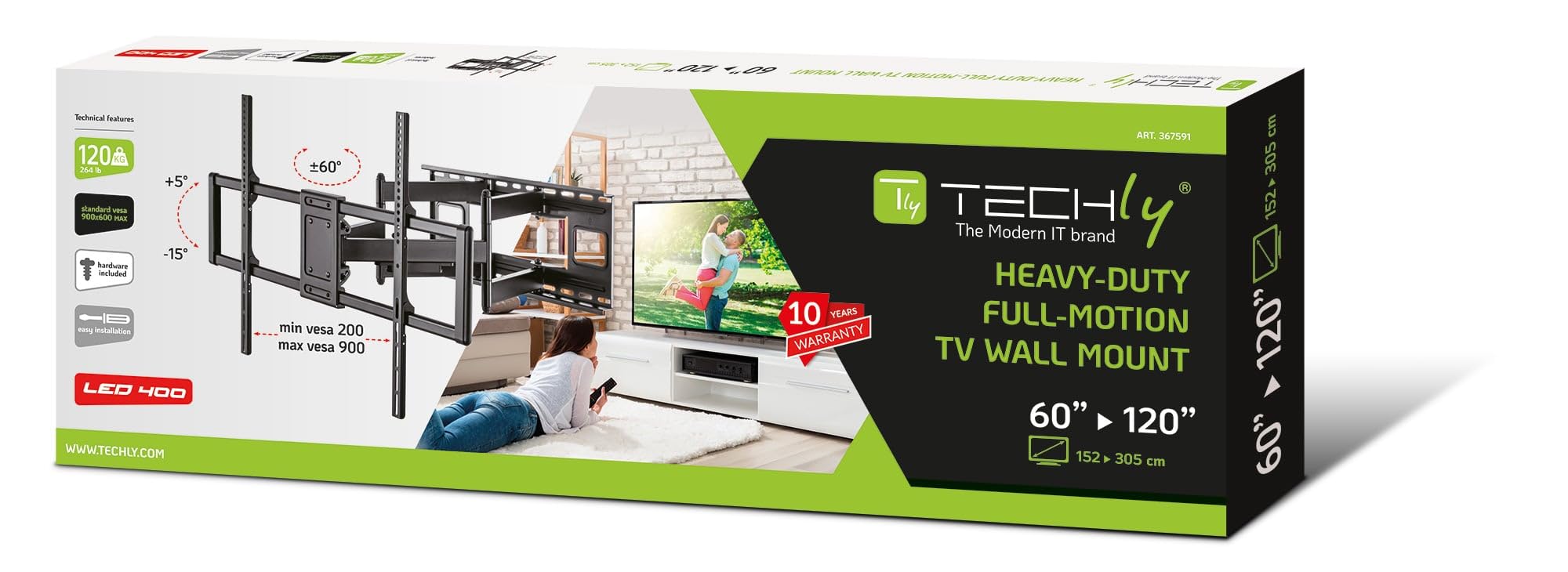 Techly 367591 Staffa a Muro Slim per TV LED LCD 60-120" Nero Nero