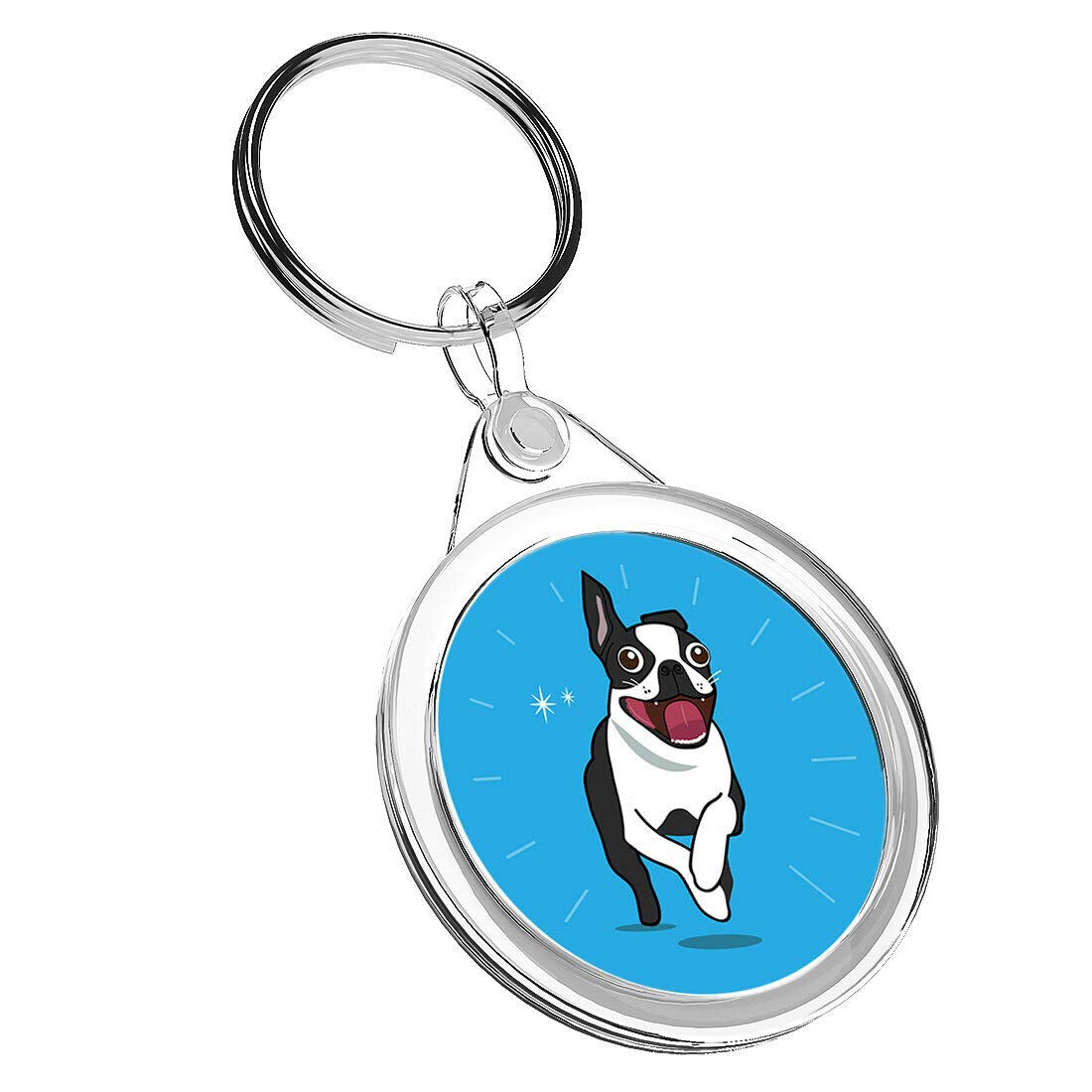 1 x Happy Boston Terrier Cartoon - Keyring IR02 Mum Dad Kids Birthday #3129