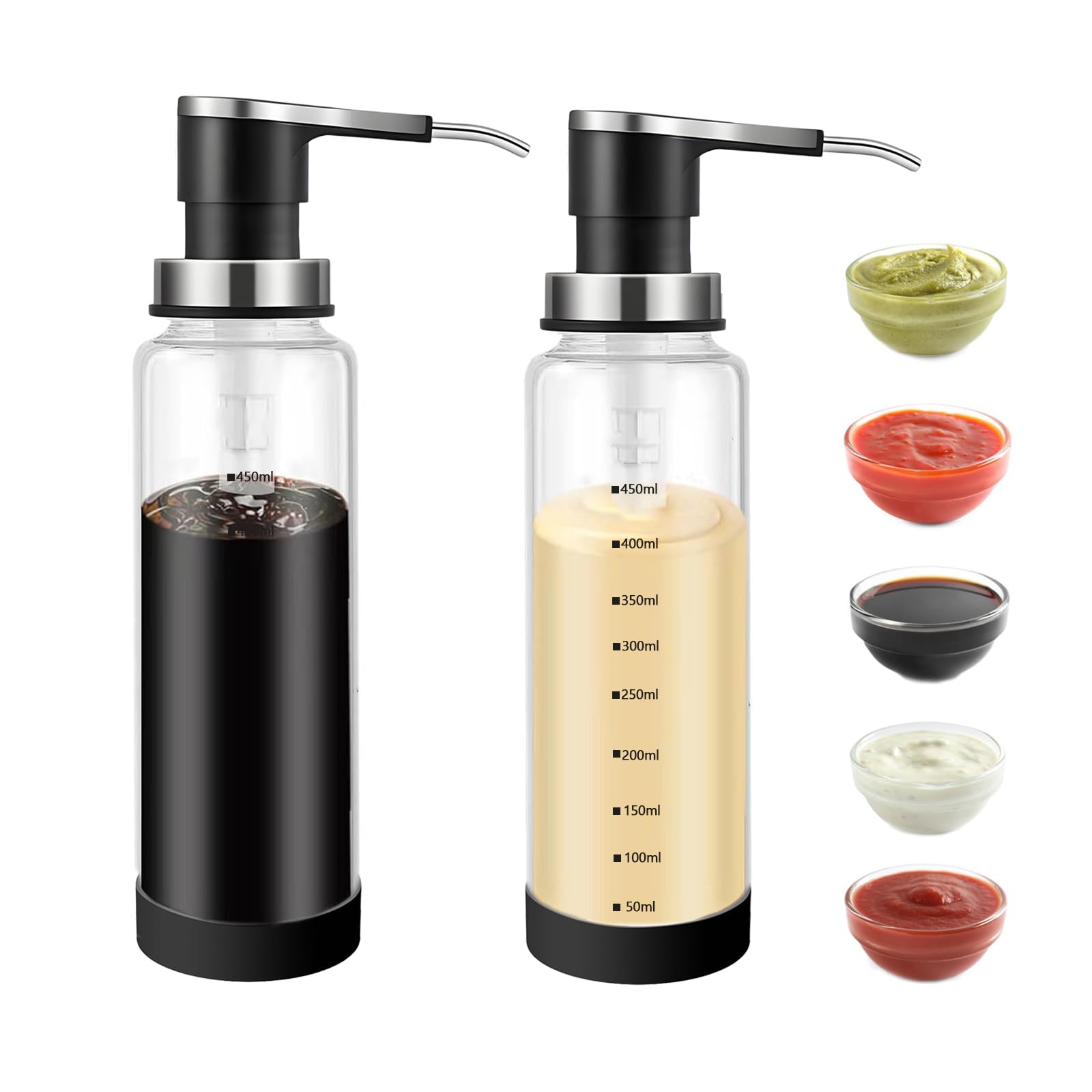 2 sztuki dozownik z pompkami do sosów, 500 ml, kolor czarny, pompki ze stali nierdzewnej do żywności, precyzyjne sterowanie dla sosów, miodu, syropu, oleju, dressingów sałatkowych, szczelność