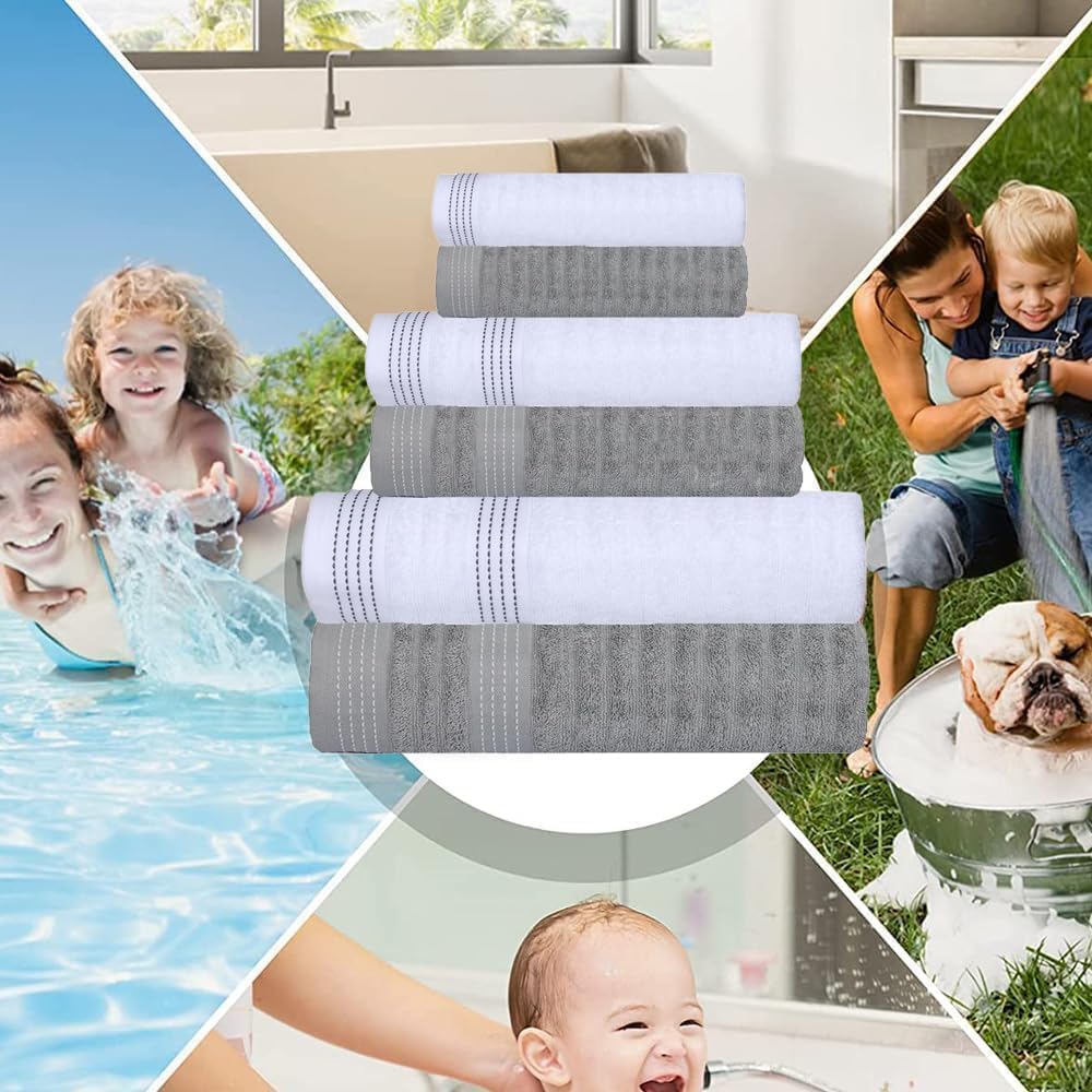 CASA COPENHAGEN Set 6 asciugamani da bagno 600g/m², Grigio-Viola e Bianco