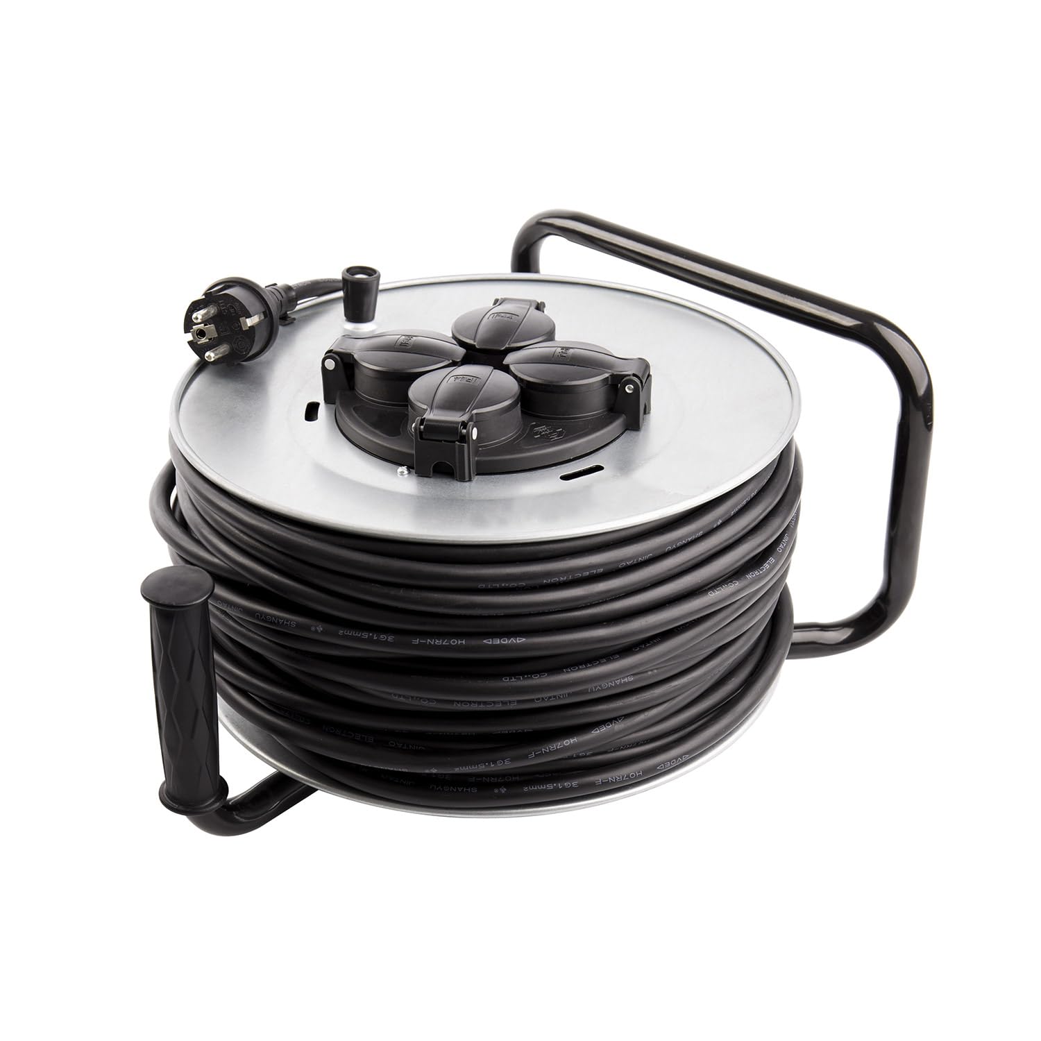LEDKIA LIGHTING - Carrete Alargador de Cable 50m | 4 Enchufes con Tapas Protectoras | Protección IP44 | Carga Máxima 3200W | Uso Interior/Exterior, Gris, Metal