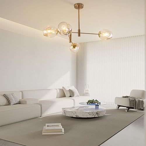 Lámpara de techo moderna semiempotrada, lámpara de araña dorada de 4 luces de mediados de siglo con globo de cristal, iluminación de techo clásica