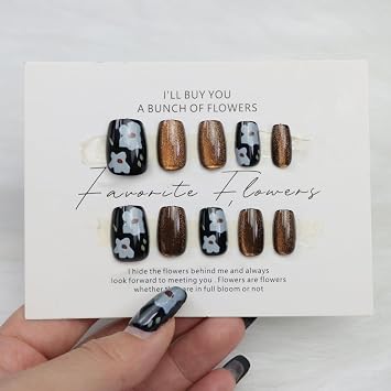 Short Press on Nails Square Fake Nails with Flower Designs Cat Eye Nails Press ons Glitter Acrylic Nail Black False Nails for Women Girls 24 Pcs
