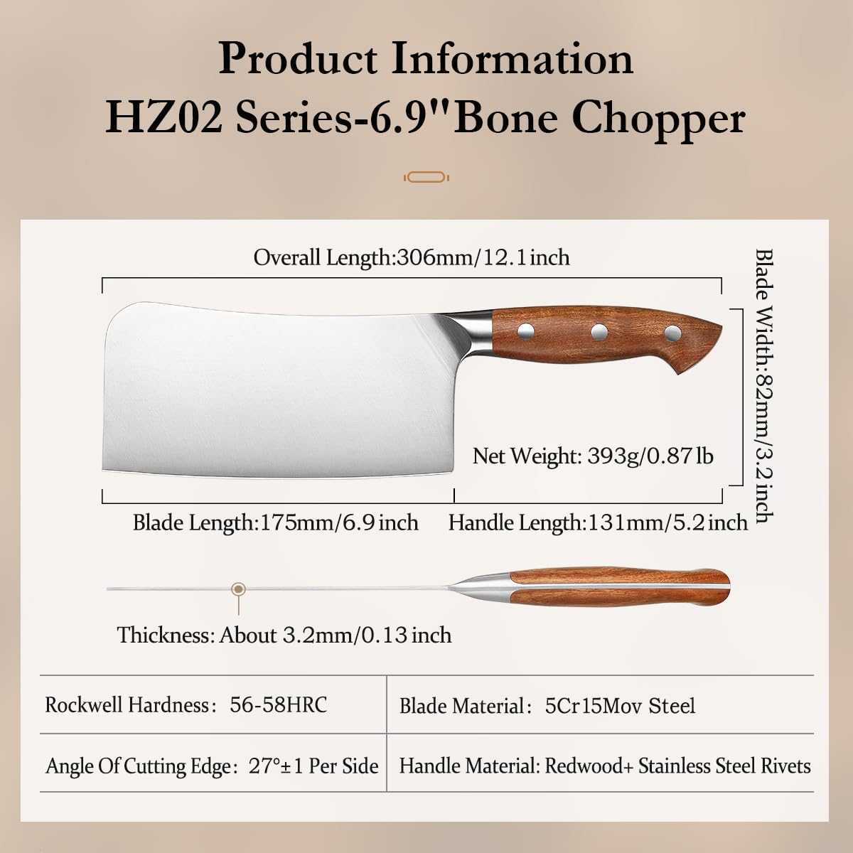 HEZHEN Couteau à Hacher Chinois, Couperet à Viande, Manche en Redwood