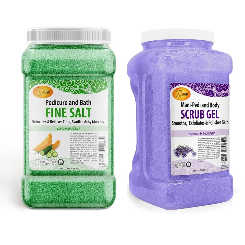 SPA REDI Exfoliating Scrub Pumice Gel & Detox Foot Soak Pedicure Bath Fine Salt, 128 Oz Each - Manicure, Pedicure & Body Exfoliator, Hydrating Foot Soak with Dead Sea Salts, Cucumber & Melon