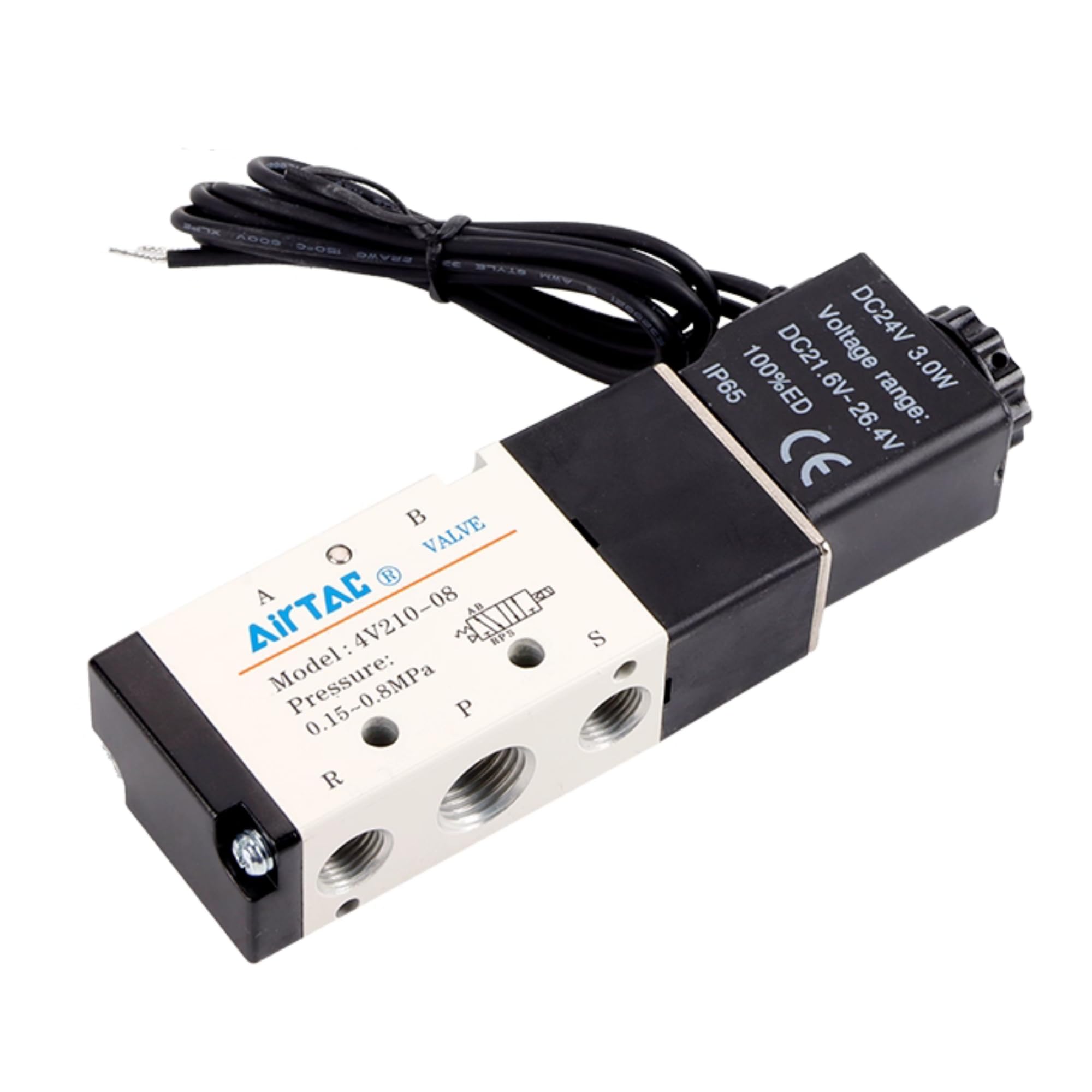 Válvula solenoide DC24V AirTAC 4V210-08 1/10.2 cm PT Cable de salida de aire neumático 2 posiciones 5 vías eléctrica sola bobina operada por piloto