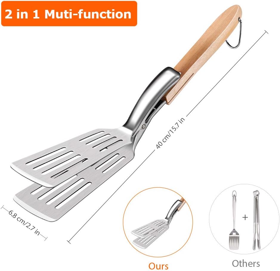 MOSFiATA 2 in 1 BBQ Grilling Spatula & Tongs with Storage Bag, Stainless Steel Spatula Tongs with Extra Long Handle for Grilling Outdoors, Multi Purpose Durable Kitchen Cooking Turner : Patio, Lawn & Garden