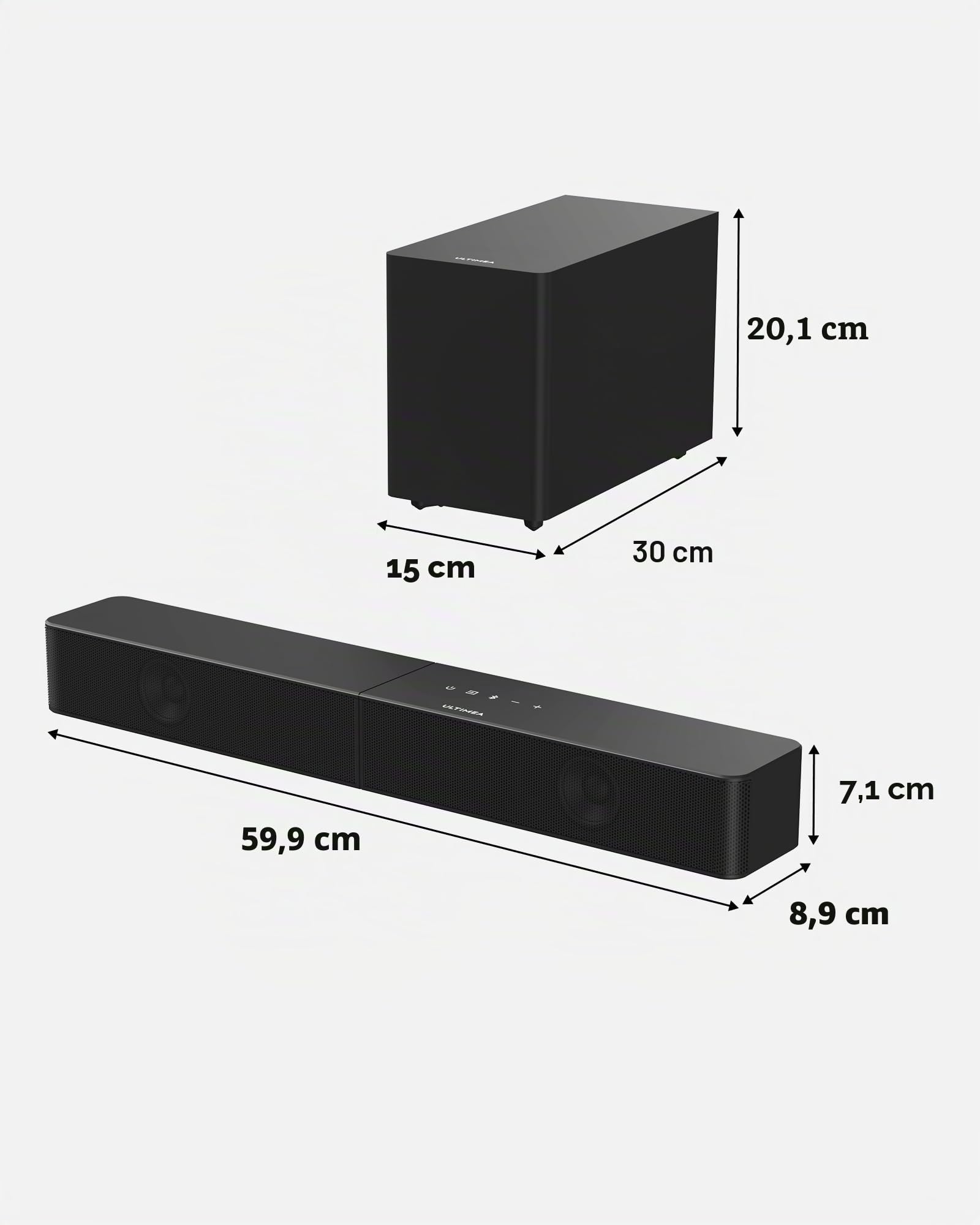 ULTIMEA Soundbar con Subwoofer Wireless, 240W Potenza di Picco, VoiceMX e BassMX, App Controllo, 2.1 canali Sound Bar per Smart TV, Bassi Regolabili, HDMI, Ottico, Bluetooth 6.0, Poseidon M30