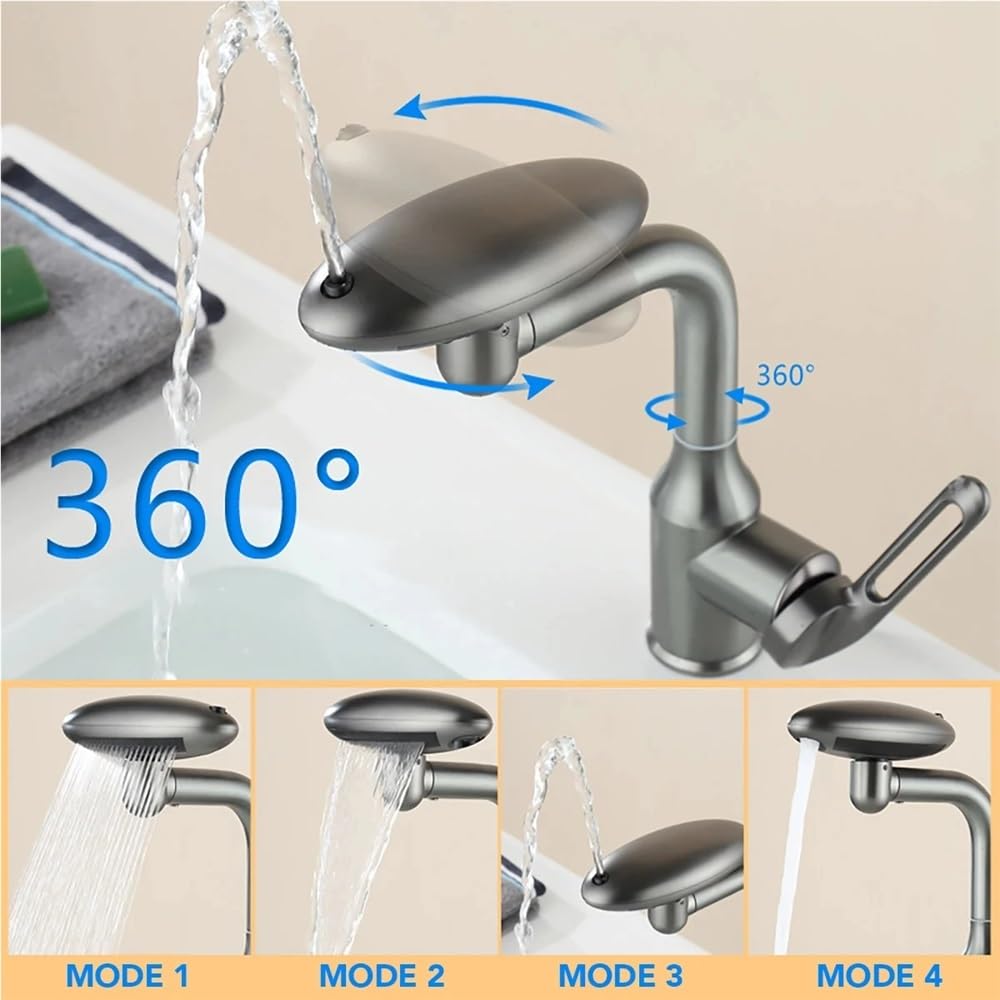 QHQQXN Obrotowy kran wodospadowy 360° z 4 trybami strumienia – bateria mieszająca ciepłą i zimną wodę do zlewu w łazience, eleganckie ciemnoszare wykończenie, wielofunkcyjny do nowoczesnych domów