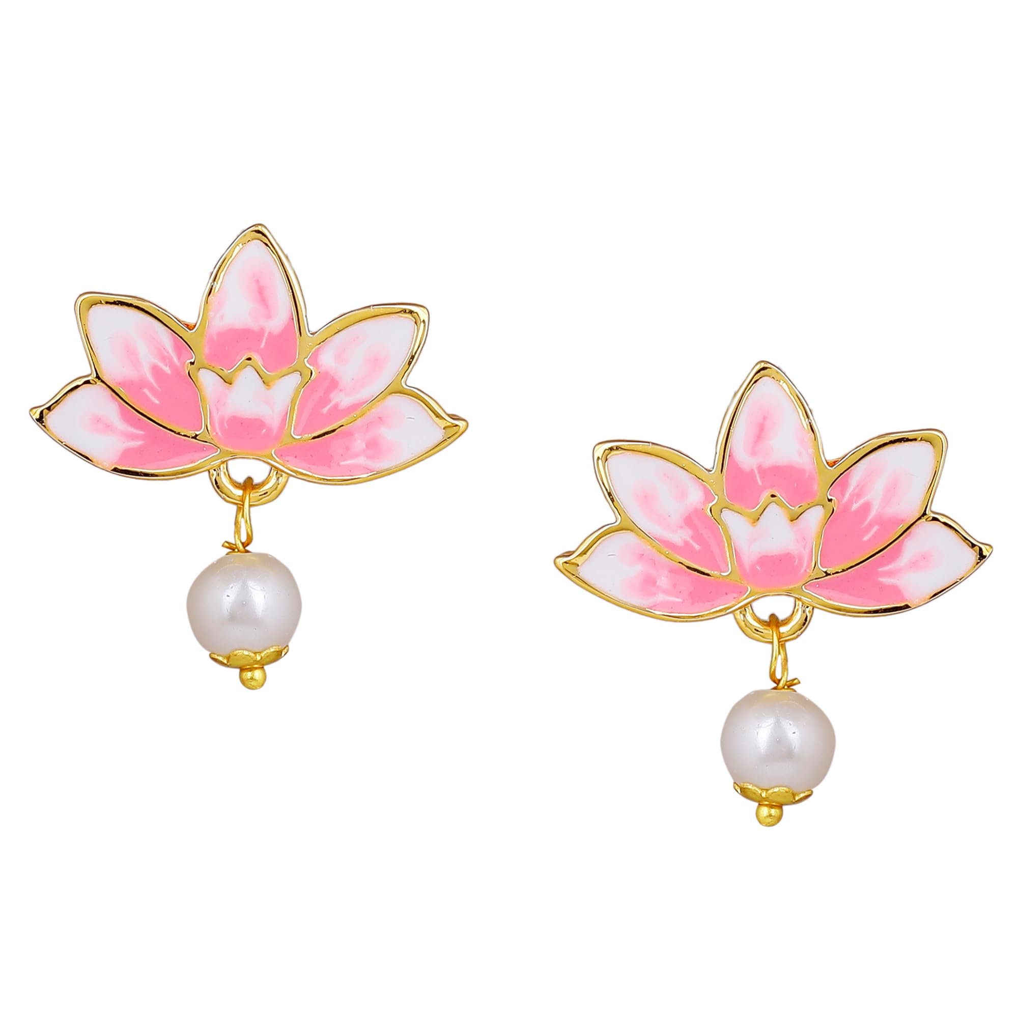 Jewellery Fashion Earrings for Women Gold Plated Lotus Designer Elegant Pink and White Enamel Pearl Drop Earrings Versatile Chic for Women & Girls-image-19