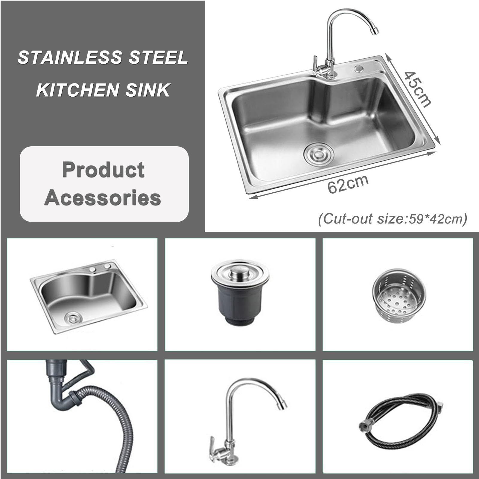 Fregadero de Acero inoxidable de Un Solo Seno, fregadero de cocina, senos profundos empotrados con cesta de drenaje y accesorios, utilitario para restaurante, baño, despensa, Bar.
