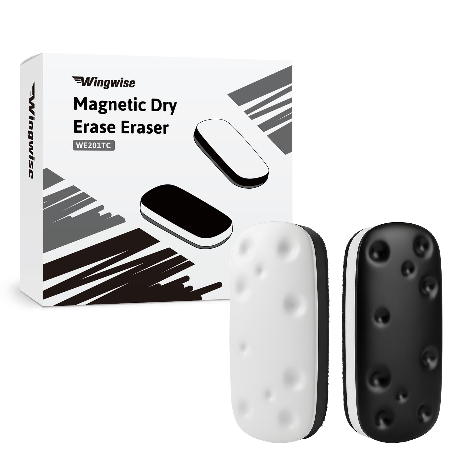 Wingwise Magnetic Dry Erase Eraser for Glass Whiteboards,White Board Erasers with Strong Magnet, 2-Pack, Black + White, for Office, Classroom, Home (WE201)