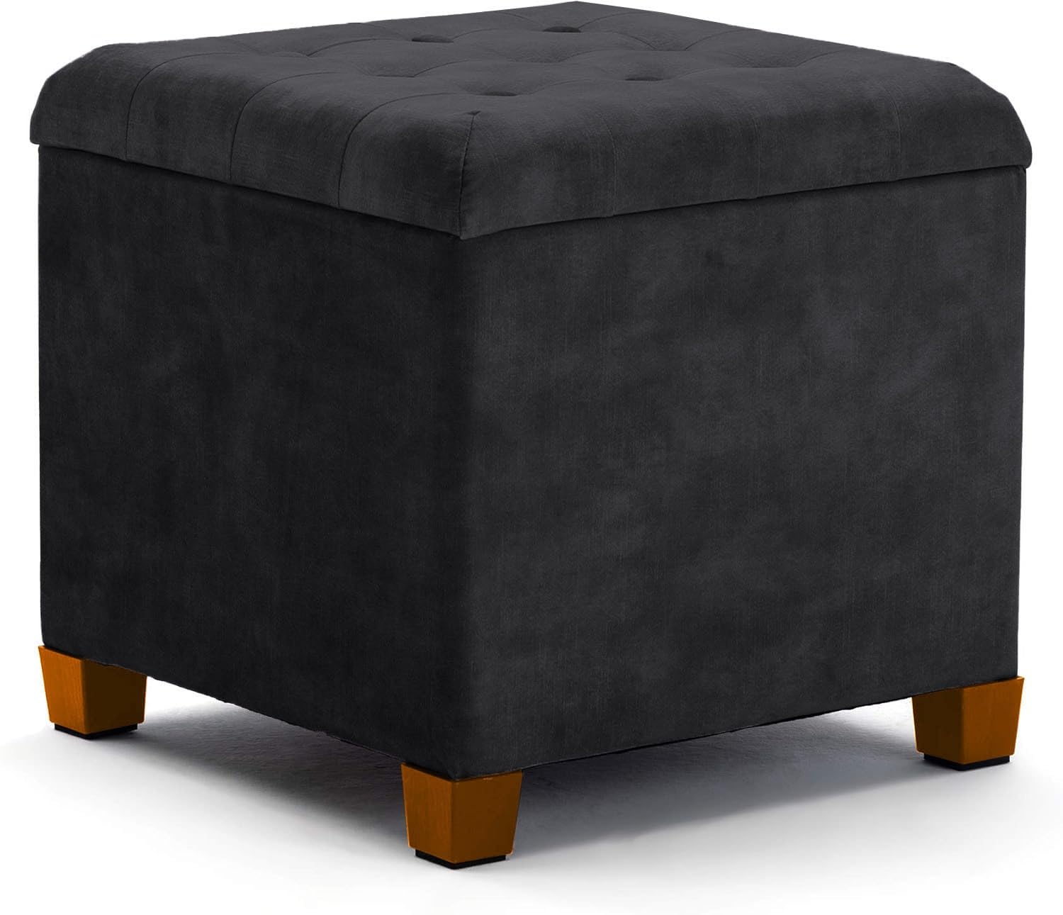 A406 Square Ottoman Storage Padded Stool Foot stool Linen Fabric Stoage Box With Lid Storage Bench Pouffe Seat Stool (Velvet Black)