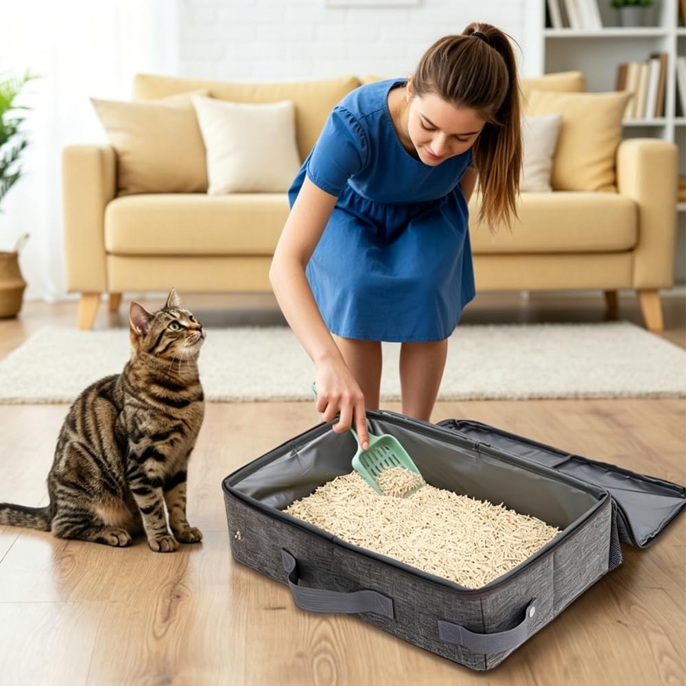 Lettiera da Viaggio per Gatti 40 X 30 X 15 CM,Lettiera Portatile Gatto con Pala, Zip e Coperchio,Toilette per Gatti Pieghevole,Cat Litter Box per Campeggio, Casa, Gite - Grigio chiaro