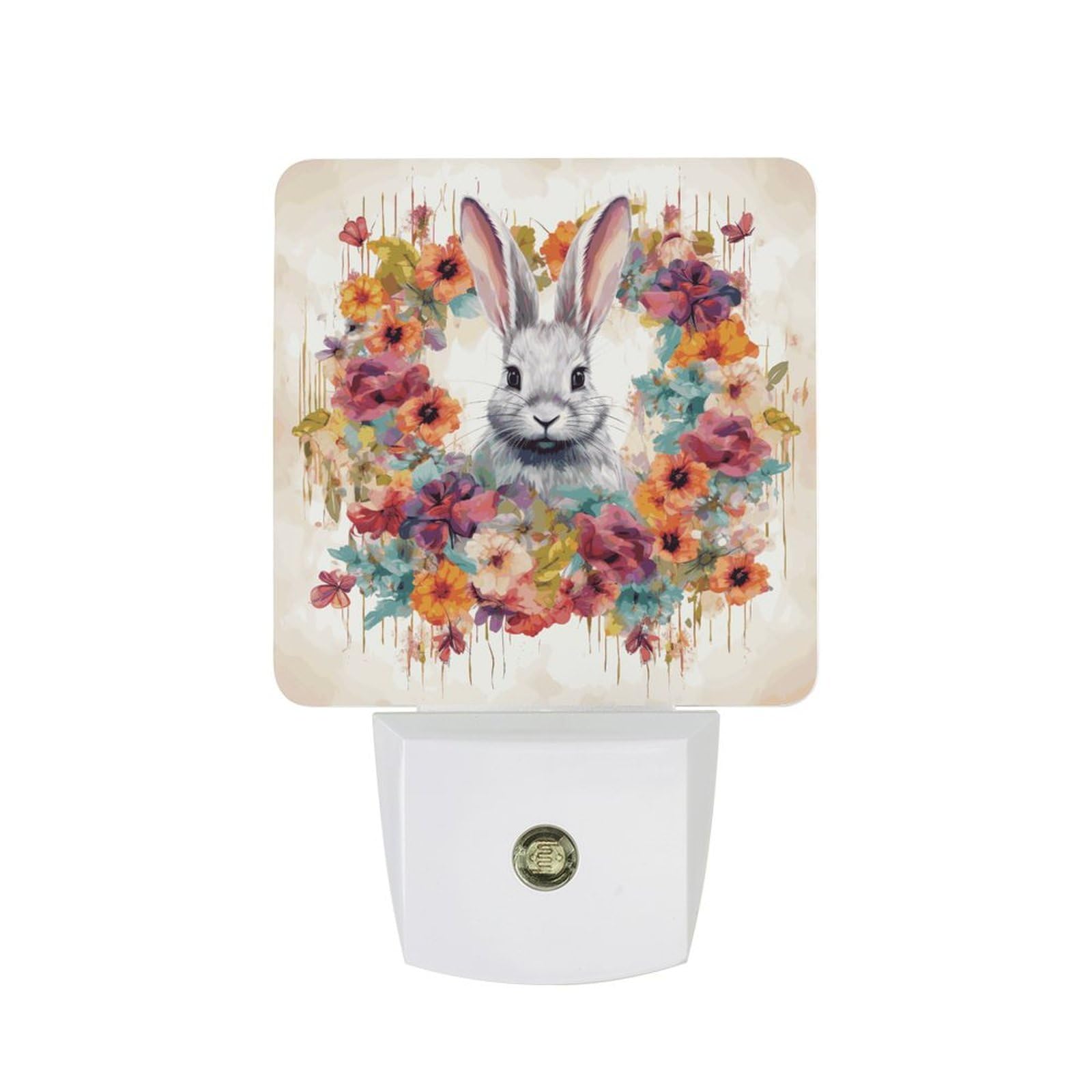 FekiLoot - LED Night Lights for Wall Decor, Ambient Lighting with Light Sensors, Soft Night Light for Sleeping, Warm Watercolor Automatic Rabbit and Flowers Night Light for Adults