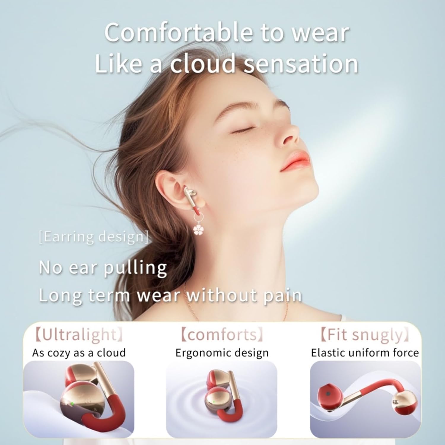 Open Ear Clip Earbuds, Ear Jewelry Compatible, 3D Surround Sound, in-Ear Level Audio, Pearl Ceramic Body, Portable Charging Case, IPX5 Waterproof, Ideal for Sports, Work & Travel (Red)