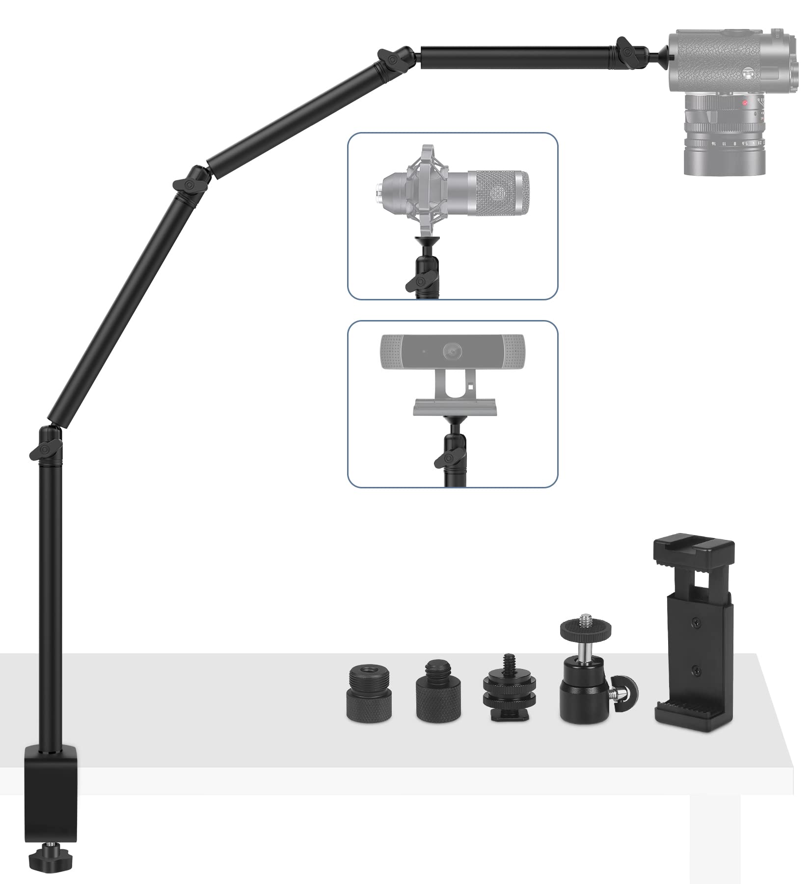 Overhead Camera Mount Desk Stand, 40'' Articulated Arm DSLR Desk Mount with 3/8'' 5/8'' Screw, C Clamp Tabletop Stand for Podcasting/Ring Light/Blue Yeti Nano/Webcam