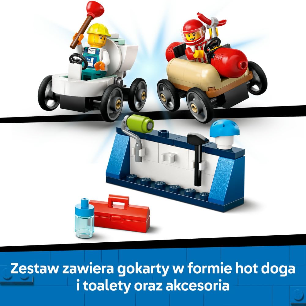 LEGO City Bez Granic: Tor z Rampami Dla Wyścigówek, Konstrukcyjna Zabawka dla Dziecka do Zbudowania, Pojazdy z Minifigurkami, w tym Hydraulik, Prezent dla 6-latka, dla Chłopca i Dziewczynki, 60460
