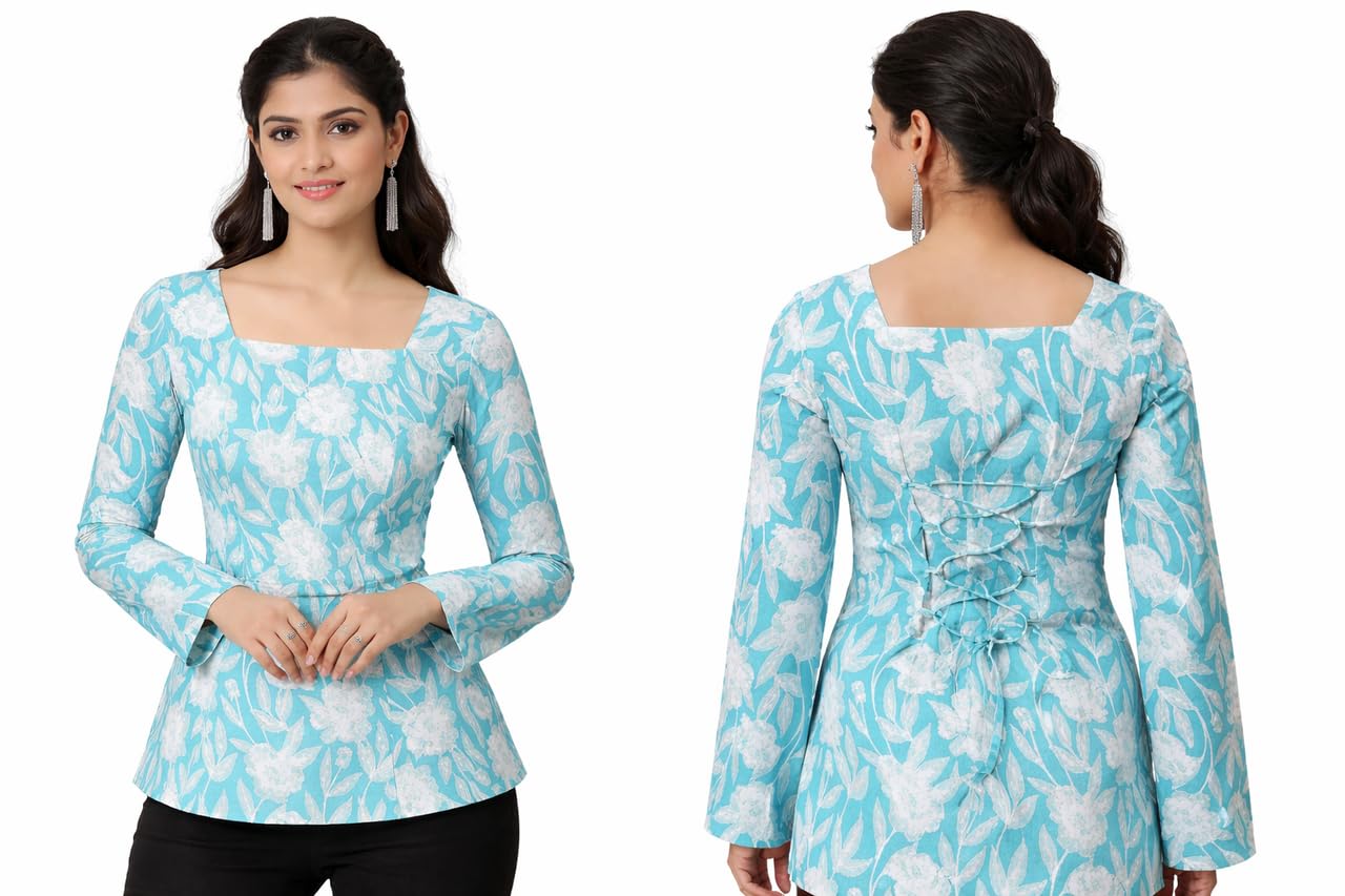 Women's & Girl Printed Top, Full Sleeves, Leaf Pattern Design SkyBlue-picture-44