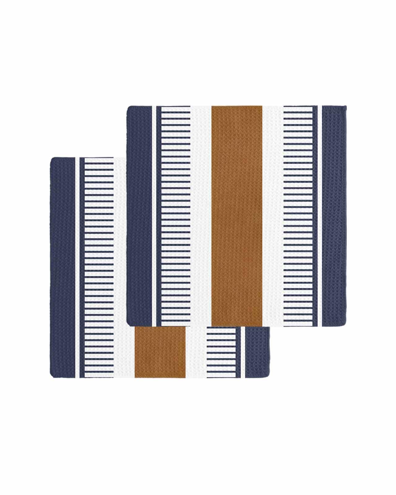 PIEPLE Navy Blue Stripes Kitchen Dish Towels for Drying Dishes Set of 2, Waffle Weave Microfiber Terry Hand Tea Bathroom Towels Quick Dry & Absorbent