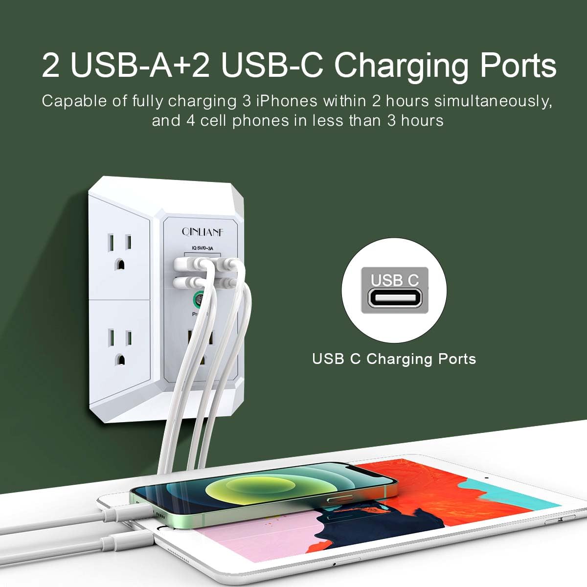 Cargador de pared USB, protector de sobretensión, extensor de 5 salidas QINLIANF con 4 puertos de carga USB (4.8 A en total) regleta de alimentación de 3 lados 1680J, adaptador de pared espaciado para