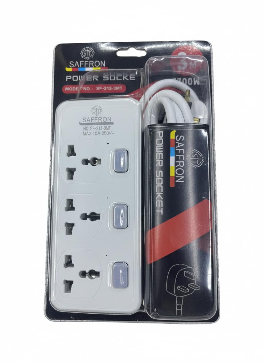 SAFFRON 3-Meter Extension Cord with 3 Outlets, Multi-Plug Power Extension Board with Individual Safety Switches, Heavy Duty, Ideal for Home & Office