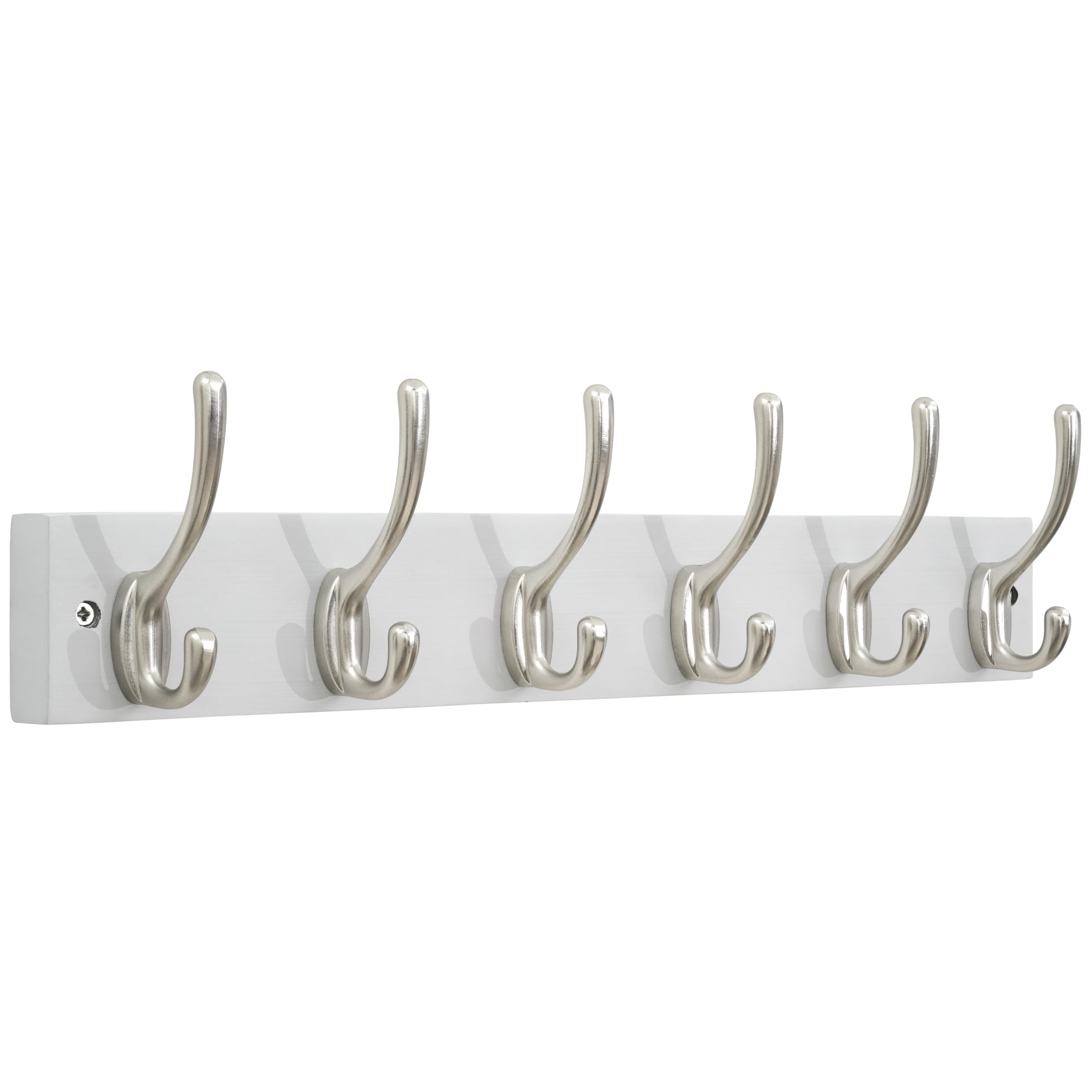 SKOLOO Solid Pine Wood Wall Mounted Coat Hooks, 43.5cm Long, 6-Hook Modern Entryway Organizer with 16" Stud Installation, for Hallway, Bathroom, Kitchen (White Wood/ & Nickel Hooks)​