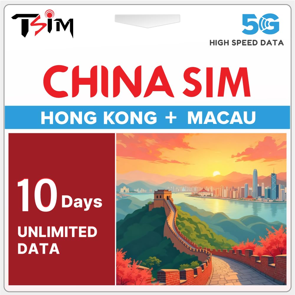 Tarjeta SIM de China 10 Días Datos Ilimitados | Cobertura en Hong Kong y Macao | Datos de Alta Velocidad 5G/4G|Compatibilidad con Hotspot|Plan Recargable|Activación Automática|Solo Datos|Soporte 24×6