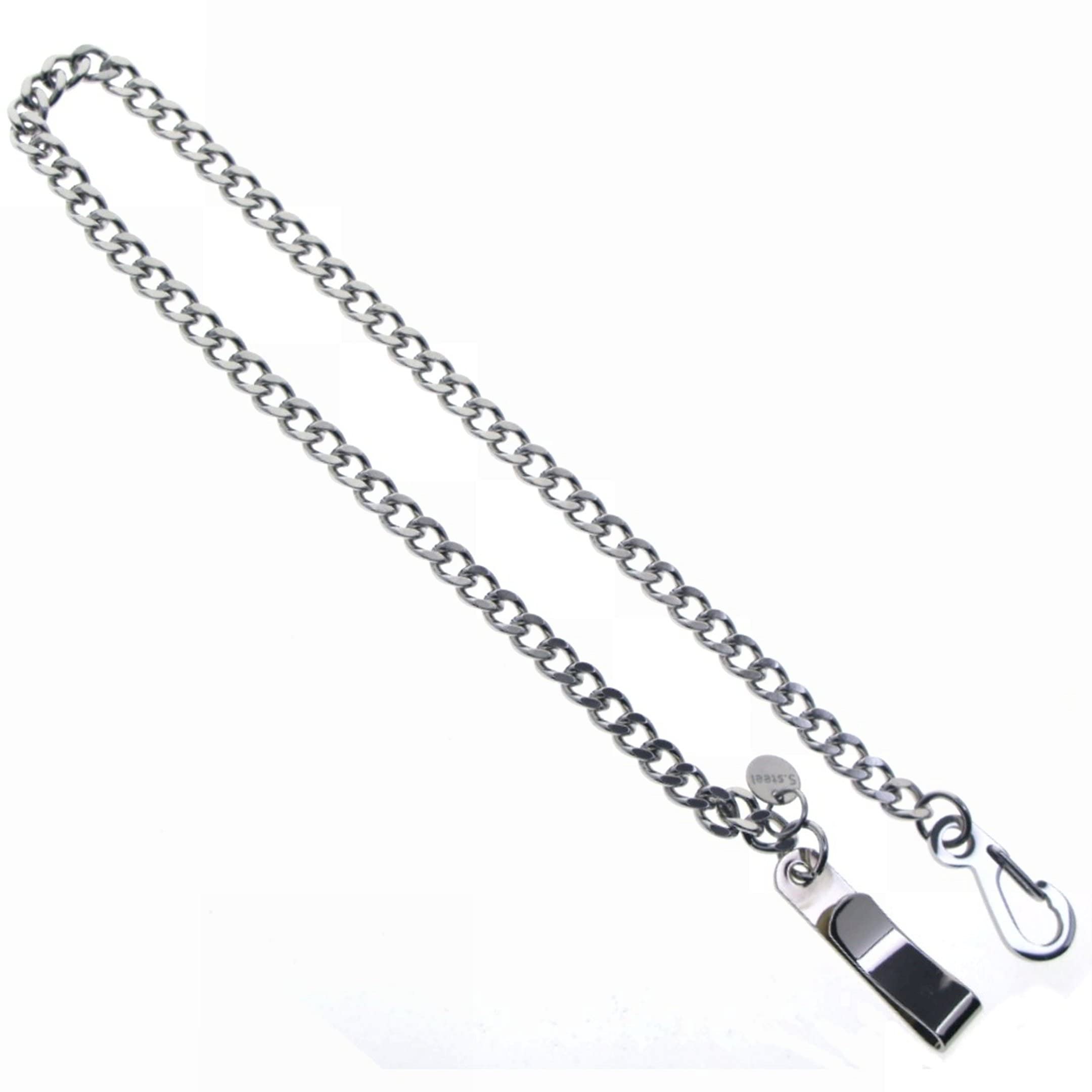 Cadena de reloj de bolsillo de acero inoxidable con cadena de eslabones de acero, clip de cinturón de acero y cierre de pulido de acero FCS90, Silver