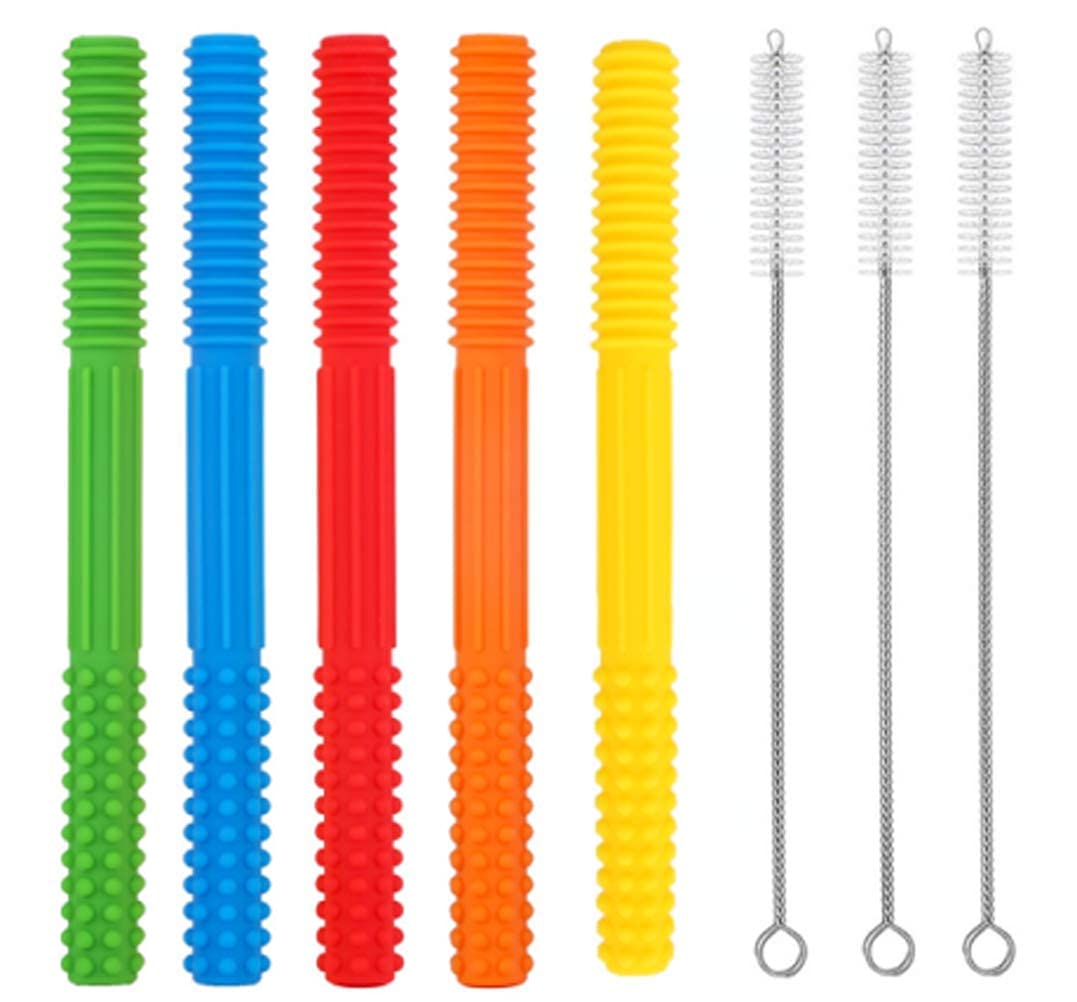 Teether Toy for Babies E-More 5 Pcs Baby Teething Toys Set Teether Oral Sensory Chew Toys with Cleaning Brush Chewing Pendant Silicone Teether Chew for Autism Teething ADHD Biting Oral Motor