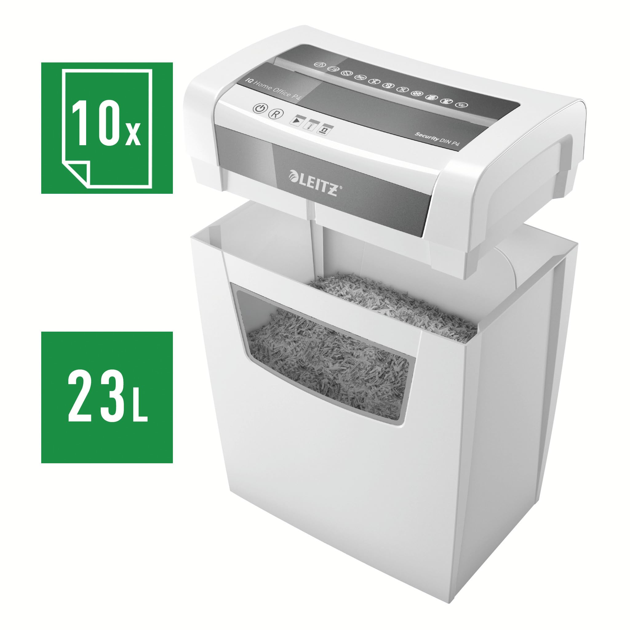 Leitz IQ, Distruggidocumenti Home Office P4, 12-10 Fogli A4 (70-80 gr/mq), Taglio a frammento, Sicurezza P4, Capacità 23 litri, Tecnologia Anti-Inceppamento e Touch-Control - 80090000