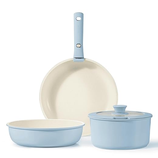 Carote 5 Pcs Nonstick Pots and Pans, Granite Non Stick Cookware Sets with Removable Handle, Oven Safe, Stackable Kitchen Cooking Set, Blue