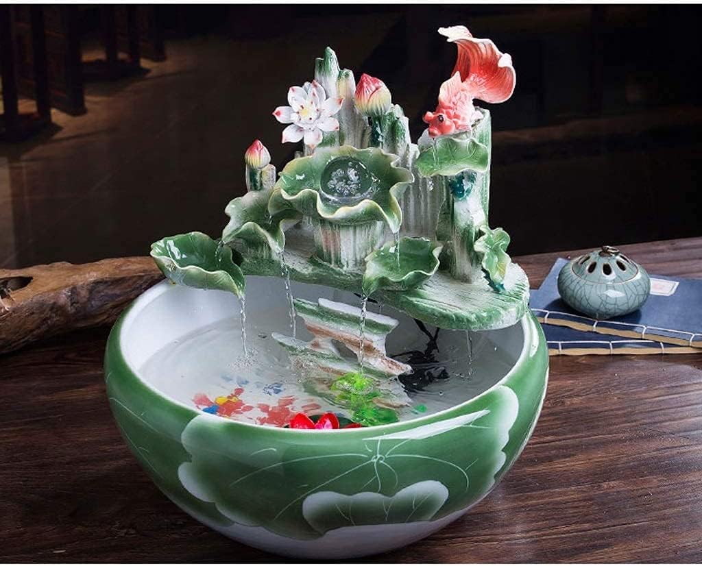 Desktop Decoration Tabletop Fountain Ceramic Desktop Fountain Rustic Zen Indoor Table-Top Water Fountain Cascading Ceramic Fish Pond Fountain for Table Desk Office Home Bedroom Relaxation Green Table